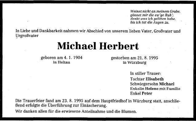 Herbert Michael 1904-1995 Todesanzeige